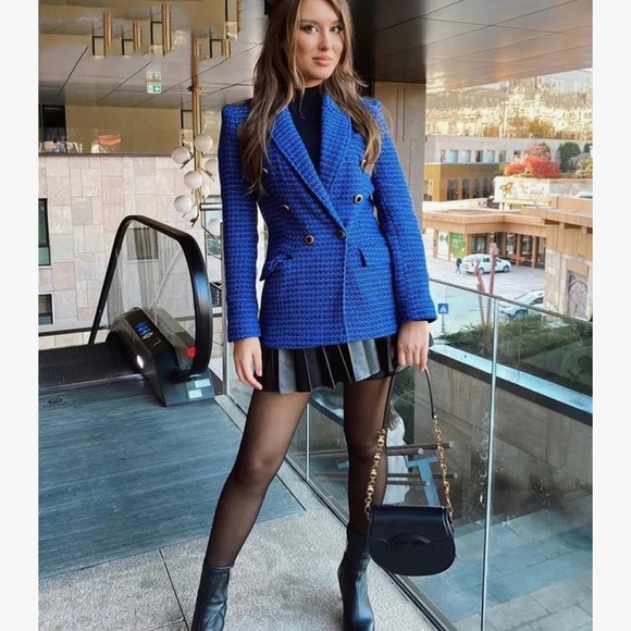 Zara Blue Tweed Double Breasted Chic Blazer Coat‎ XS - Picture 1 of 8